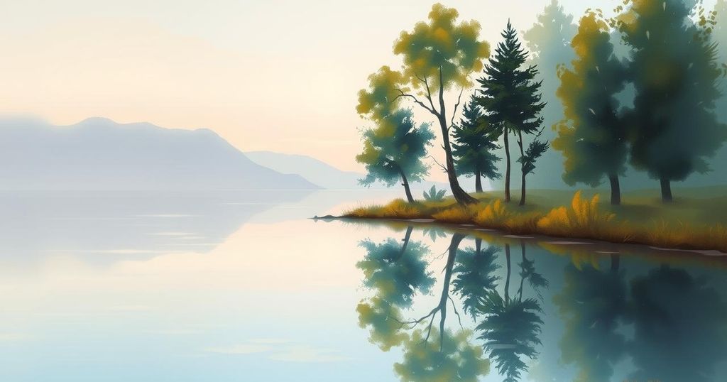 A serene landscape featuring a tranquil scene, soft pastel colours and peaceful nature, evoking calm and introspection.