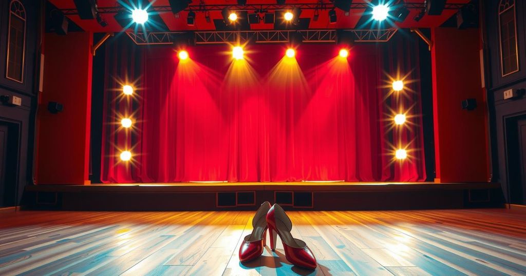 A colourful theatre stage with bright lights and dancing shoes, symbolising a vibrant dance performance experience.