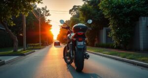 A serene landscape of a motorcycle parked on a quiet street, surrounded by trees under a soft sunset glow.