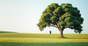 A serene landscape depicting two trees separated by a distance, symbolising family ties and tensions.