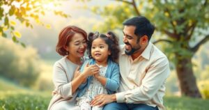 A heartwarming family reunion scene with soft pastel colours, showcasing a loving bond in a serene setting.