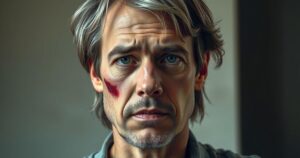 A weathered actor with scruffy hair and a bruise on his nose, captured in a muted colour palette, evoking concern.