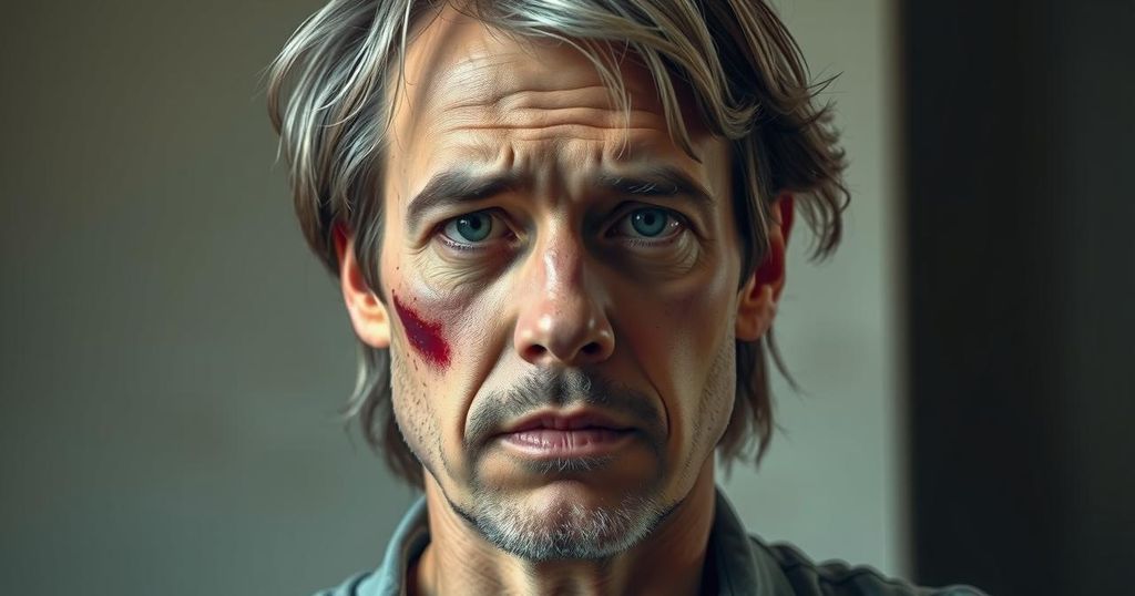 A weathered actor with scruffy hair and a bruise on his nose, captured in a muted colour palette, evoking concern.