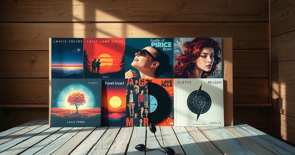 A serene scene featuring six distinct album covers artistically arranged on a rustic wooden table with soft lighting.