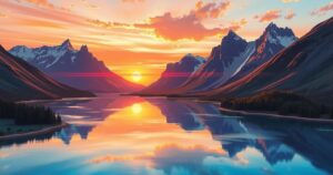 Serene landscape with a tranquil lake and mountains at sunset, conveying peace and new beginnings.