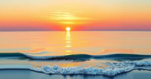 A serene sunset over a quiet ocean, reflecting warm hues of orange and pink, evoking a sense of calm and closure.