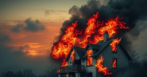 A somber scene of a house engulfed in flames against a dusky sky, symbolising loss and remembrance.