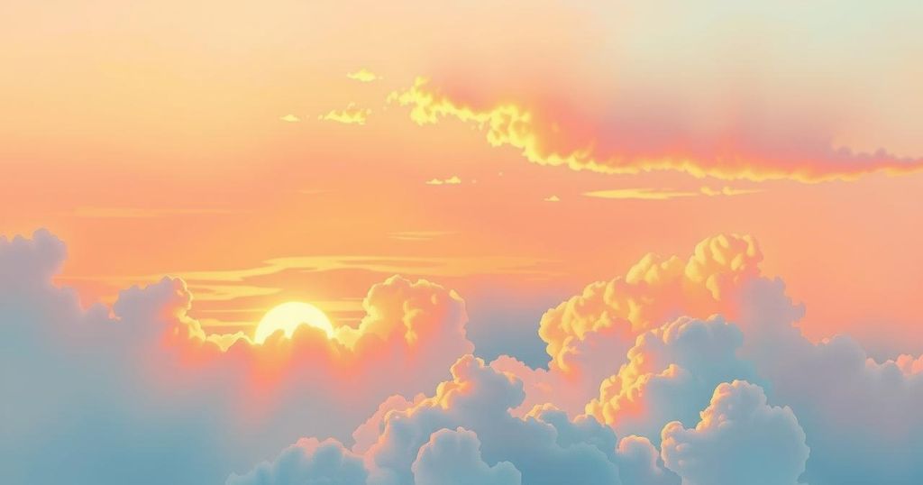 A serene representation of a peaceful sky at sunset with soft hues and tranquil colours, symbolising love and remembrance.