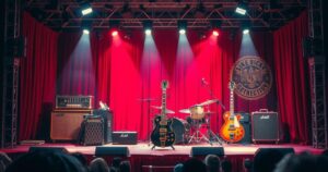 A vivid and colourful illustration of a vintage concert stage with musical instruments under soft warm lighting.