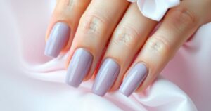 Lavender-hued manicure with soft glam touches giving a sophisticated yet playful vibe, inspired by vintage styles.