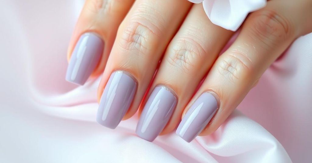 Lavender-hued manicure with soft glam touches giving a sophisticated yet playful vibe, inspired by vintage styles.