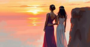 Elegant sisters overlooking a sunset, symbolising family unity with warm hues and soft expressions.