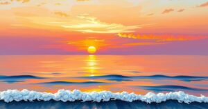 A tranquil sunset over a calm sea, expressing a sense of reflection and hope, in warm orange and purple hues.