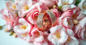 A captivating illustration symbolising love and marriage, featuring intertwined wedding bands and blooming flowers in soft hues.