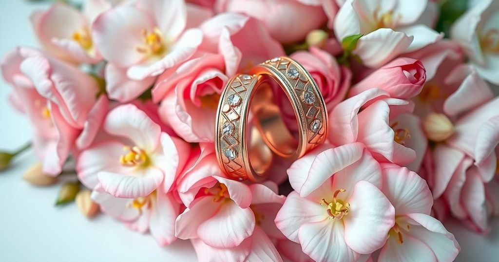 A captivating illustration symbolising love and marriage, featuring intertwined wedding bands and blooming flowers in soft hues.