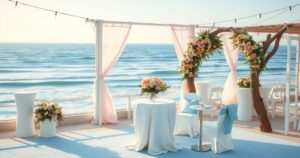 A serene coastal wedding scene showcasing elegant decor and soft colours for an intimate celebration.