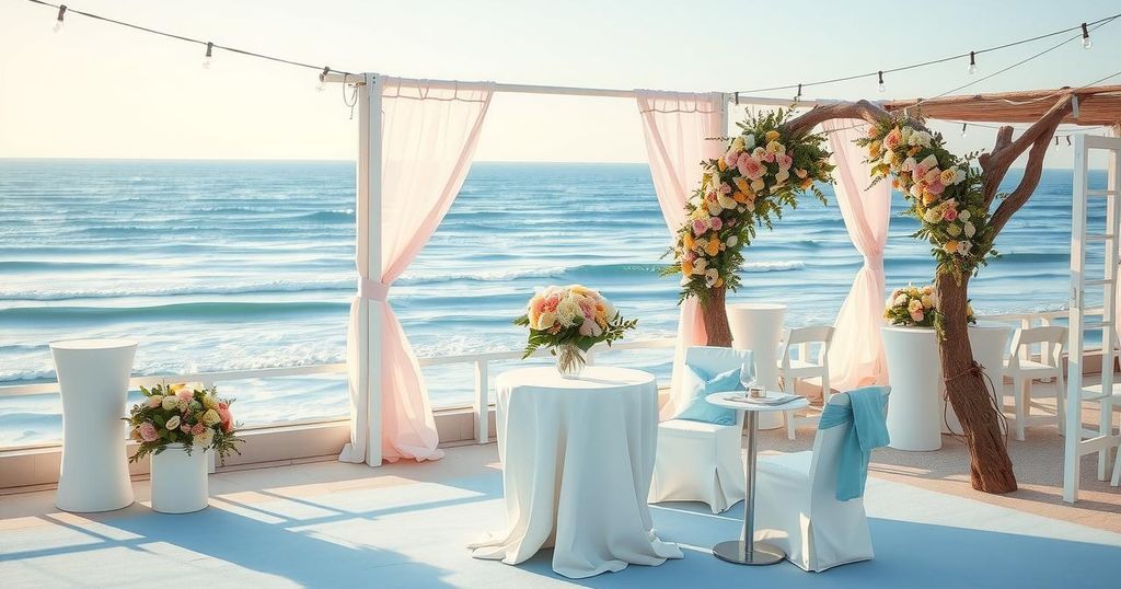 A serene coastal wedding scene showcasing elegant decor and soft colours for an intimate celebration.