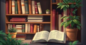 A serene bookshelf filled with a memoir, plants, and cosy lighting, evoking inspiration and warmth.