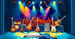 A vibrant illustration of a concert stage with musical instruments, symbolising a live performance and fan engagement.