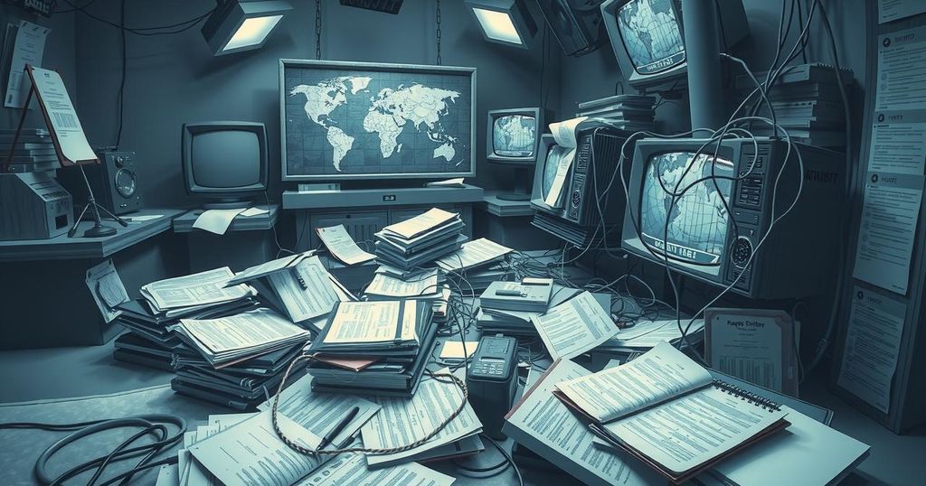 A chaotic television studio background with messy equipment and scattered papers, symbolising internal tensions.