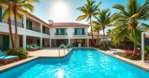 A vibrant villa with palm trees, a sunny pool area, and colourful flowers representing a luxurious dating show environment.