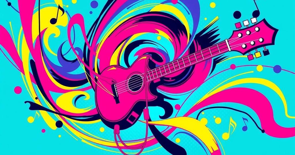 A vibrant abstract representation of empowerment and creativity through music and art, using bold colours.