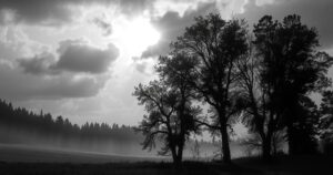 A serene black and white landscape with shadows, symbolising silence and resistance in the film industry.