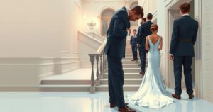 A wedding scene featuring a formal dress, a staircase, and men in formal wear, capturing a moment of mixed emotion.