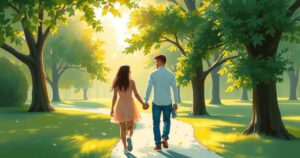 A scenic view of a couple walking together, surrounded by beautiful trees and soft sunlight, symbolising companionship.