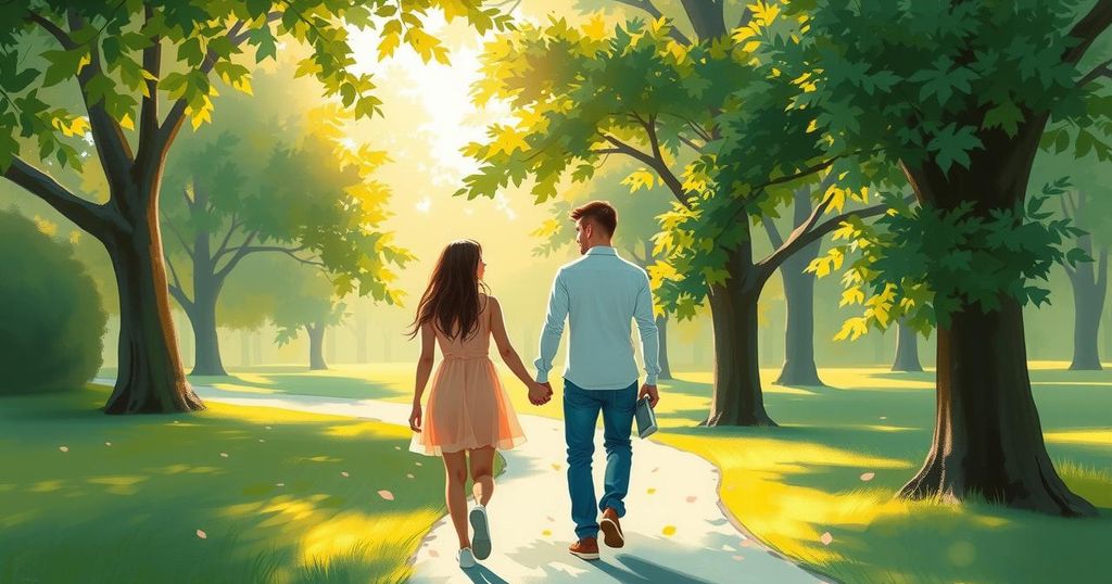A scenic view of a couple walking together, surrounded by beautiful trees and soft sunlight, symbolising companionship.