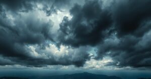 A dramatic scene with dark clouds, symbolizing tension and conflict between friends, in moody colour tones.