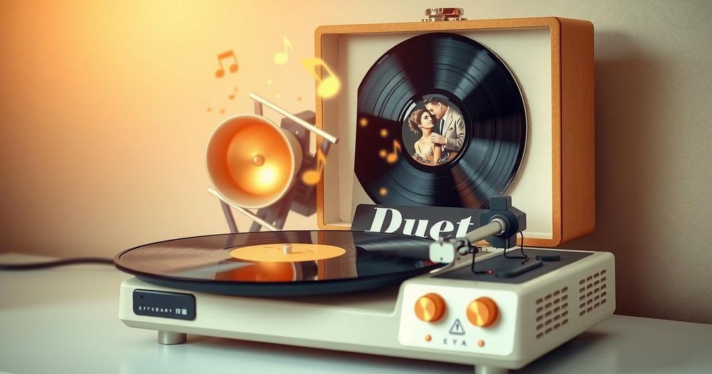 Stylised artwork featuring a vintage record player with a duets album cover surrounded by musical notes.