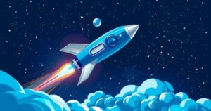 A vibrant space-themed illustration featuring a blue rocket with stars against a dark sky.