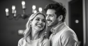 Black and white photo of a happy couple smiling together, representing decades of love and support for each other.