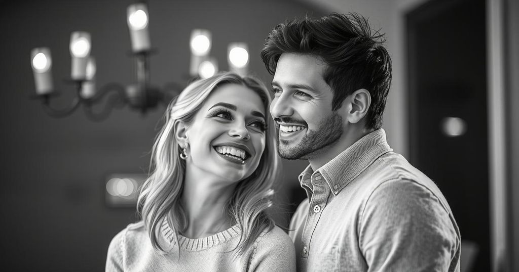 Black and white photo of a happy couple smiling together, representing decades of love and support for each other.