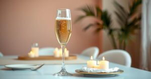 A glass of champagne is raised in a toast on a table set with elegant decorations and soft lighting.