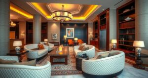 Luxury hotel lobby with elegant decor, warm lighting and plush seating, evoking a sense of sophistication and relaxation.