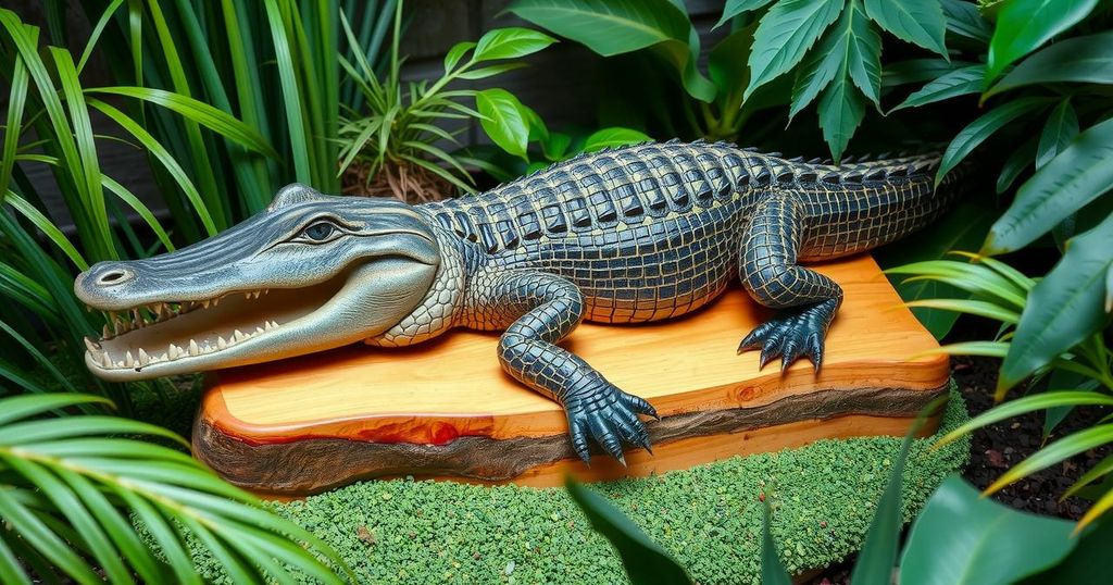 A lifelike taxidermy alligator mounted on a wooden base, surrounded by greenery and playful decorations, in a reptile park.
