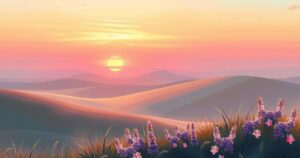 A serene landscape with a soft sunset, symbolising hope and remembrance, featuring gentle hills and blooming flowers.