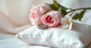 A stylish wedding ring on a delicate cushion, surrounded by soft, pastel flowers in a serene setting.