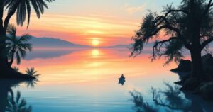 A serene landscape with a sunset over a calm lake, evoking feelings of romance and happiness.