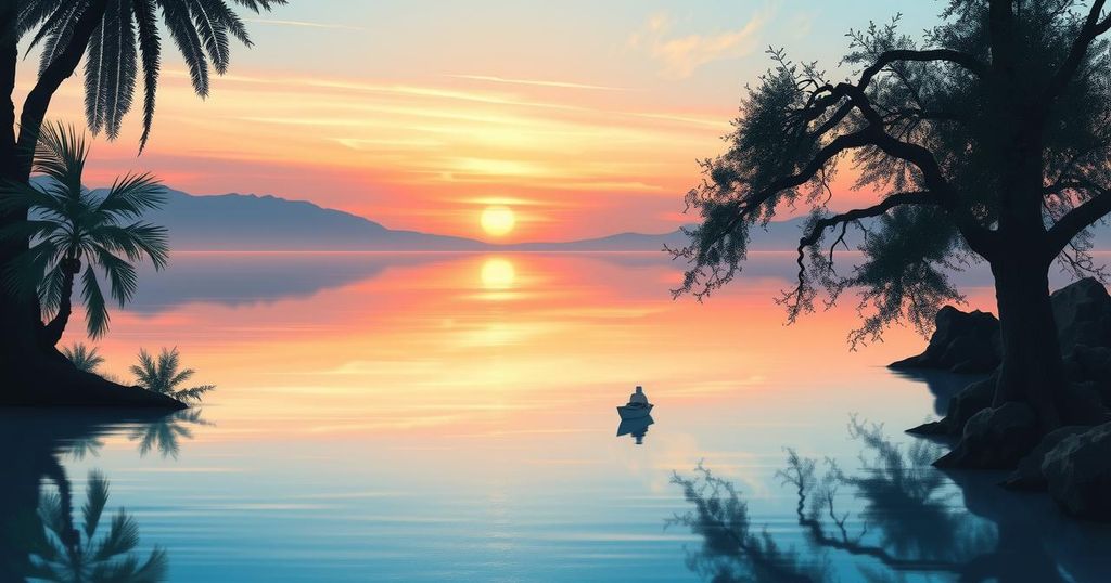 A serene landscape with a sunset over a calm lake, evoking feelings of romance and happiness.
