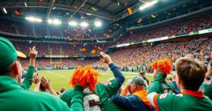 Simone Biles supporting her husband at an NFL game, vibrant stadium atmosphere, warm colour palette, cheerful mood.