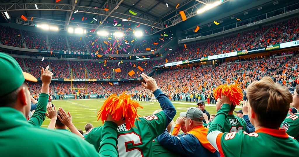 Simone Biles supporting her husband at an NFL game, vibrant stadium atmosphere, warm colour palette, cheerful mood.