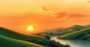 A serene landscape depicting a peaceful sunset over rolling hills, symbolising harmony after conflict.