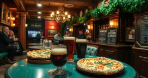 Vibrant celebration scene at a Dublin pub with beer, pizza, and lively atmosphere.