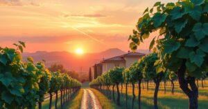 A serene vineyard at sunset with a beautiful winery, capturing a peaceful moment of reflection and transition.