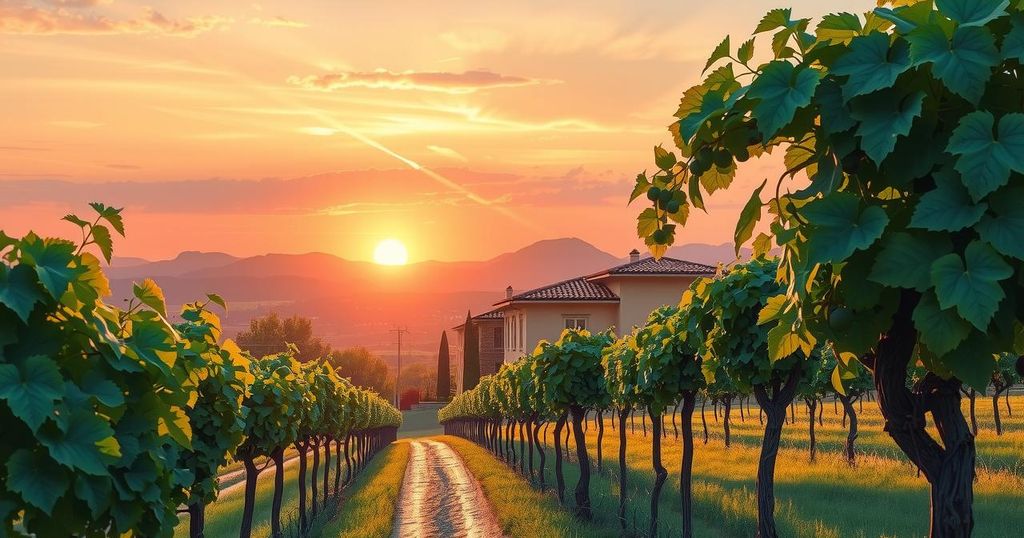 A serene vineyard at sunset with a beautiful winery, capturing a peaceful moment of reflection and transition.