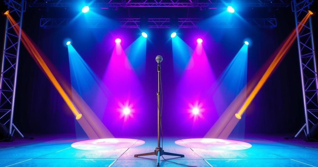 A stage with bright lights and a microphone stand, representing a singing competition atmosphere.