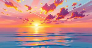 Stunning abstract artwork of a vibrant sunset over a serene beach scene in warm hues.